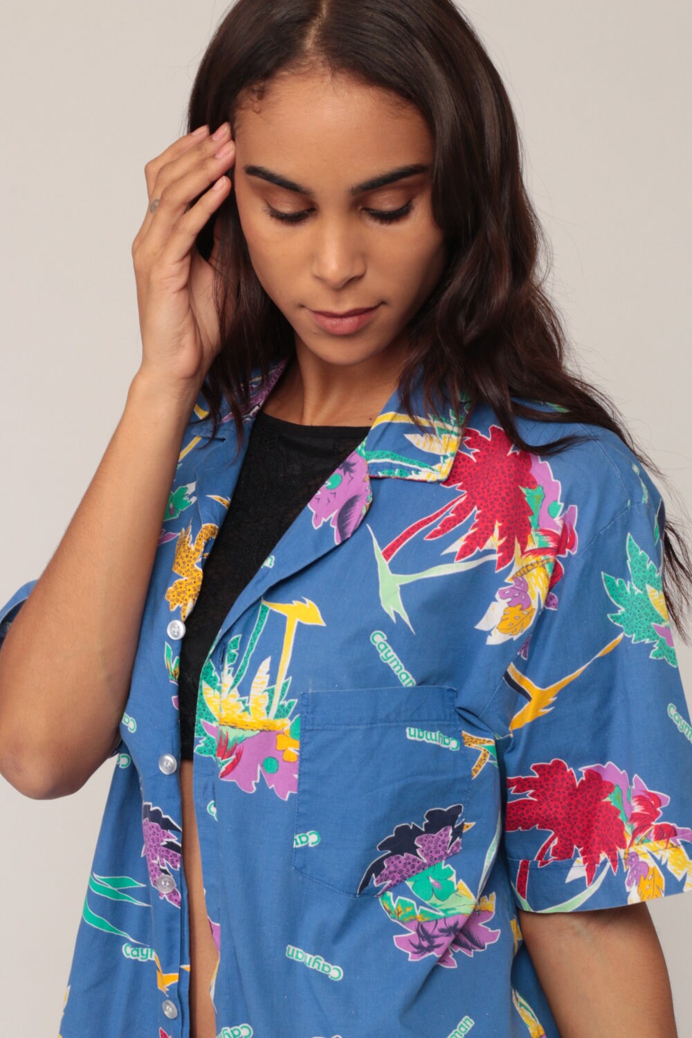 80s Cayman Islands Tropical Palm Tree Button-Up Shirt Blue Unisex Large