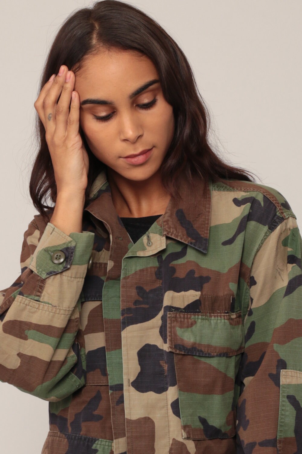 90s Army Camouflage Button-Up Shirt Olive Drab Unisex Small