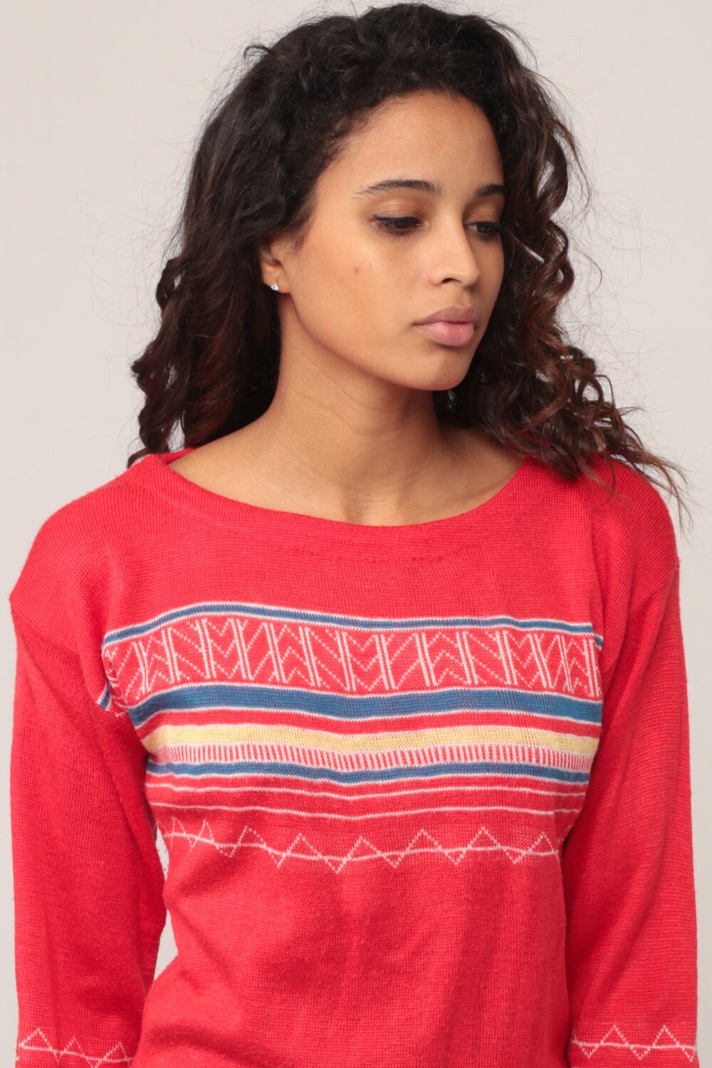 70s Red Striped Knit Sweater Pullover Geometric Small
