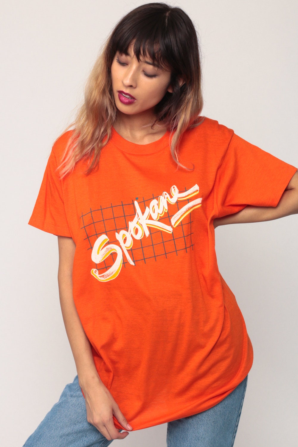 80s Spokane Washington State Graphic T-Shirt Burnout Orange Extra Large XL