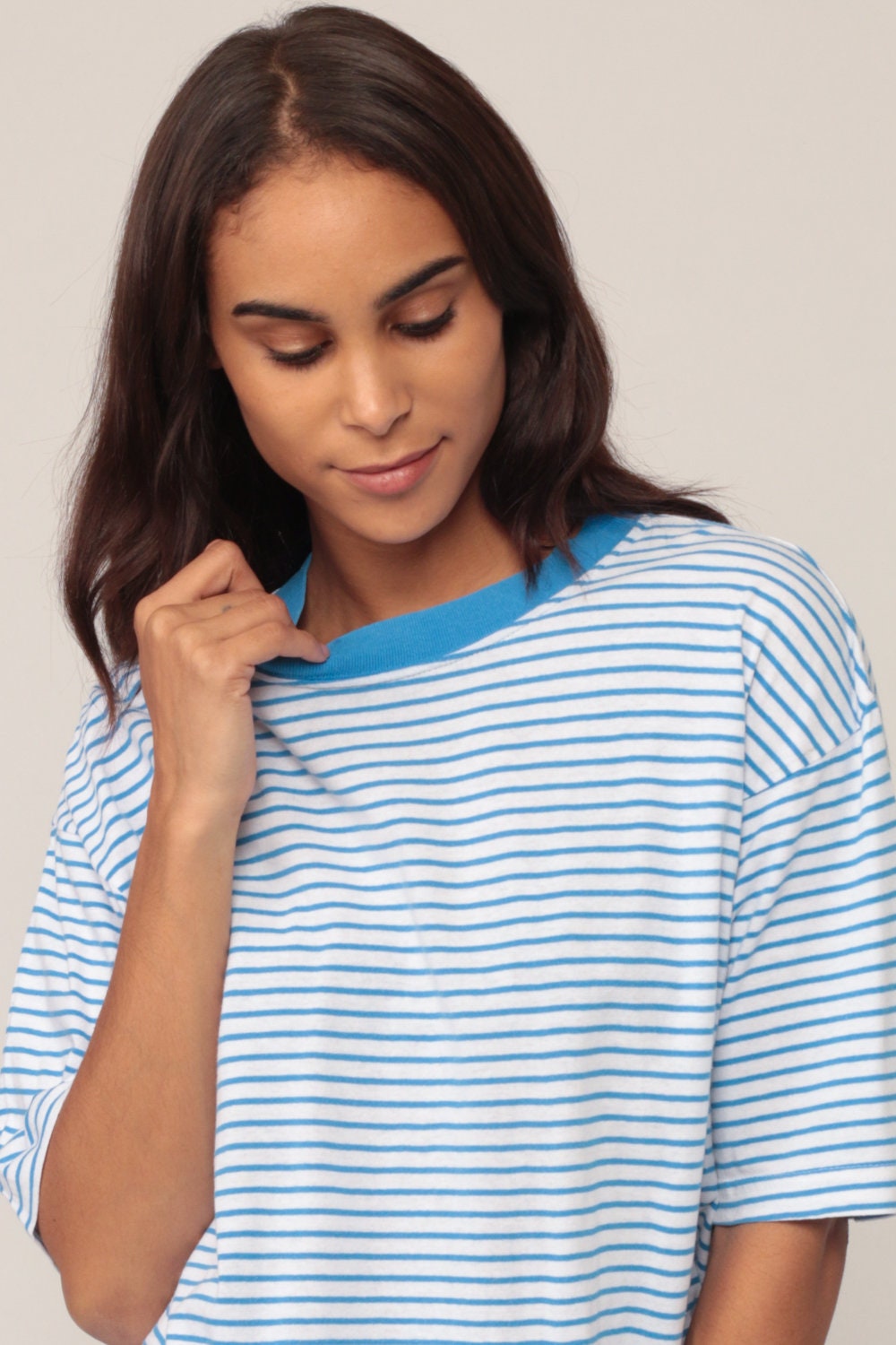 90s Blue & White Striped Ringer T-Shirt Unisex Cotton Tee Large