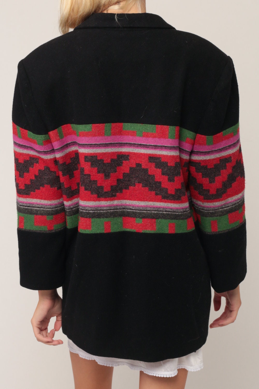 80s Southwestern Wool Blend Blazer Black Aztec Print Medium