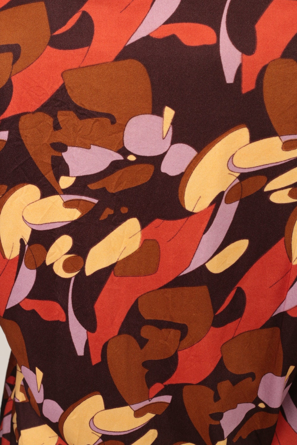 70s Psychedelic Print Button-Up Blouse Long Sleeve Brown Nylon Medium