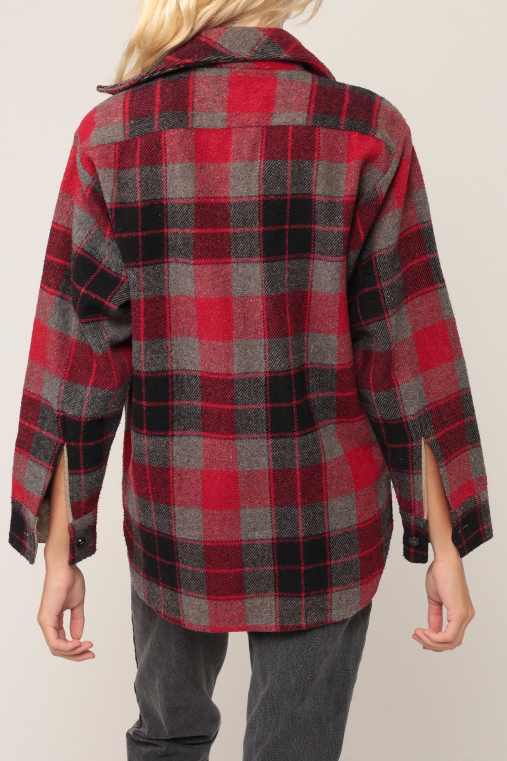 70s Wool Plaid Flannel Shirt Red Black Grey Button Up Small Medium