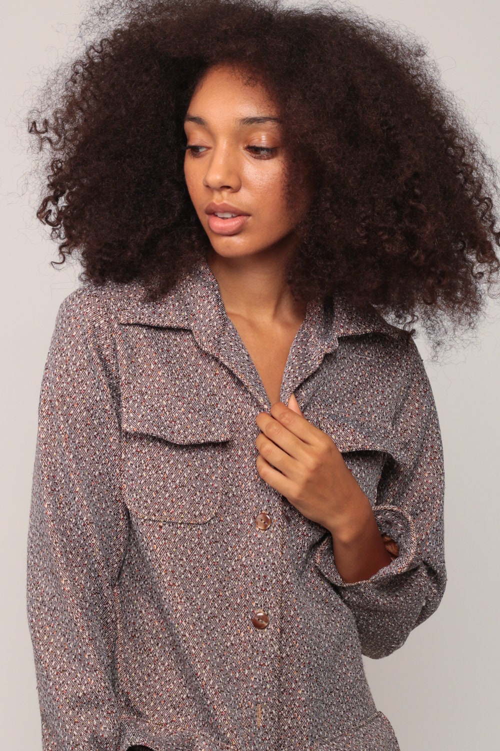 70s Flecked Brown Button-Up Shirt Long Sleeve Collared Blouse Medium