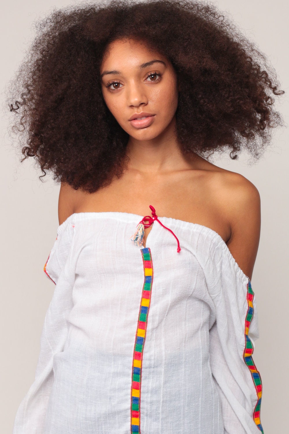 70s White Cotton Peasant Blouse Long Sleeve Drawstring Tunic Medium Large