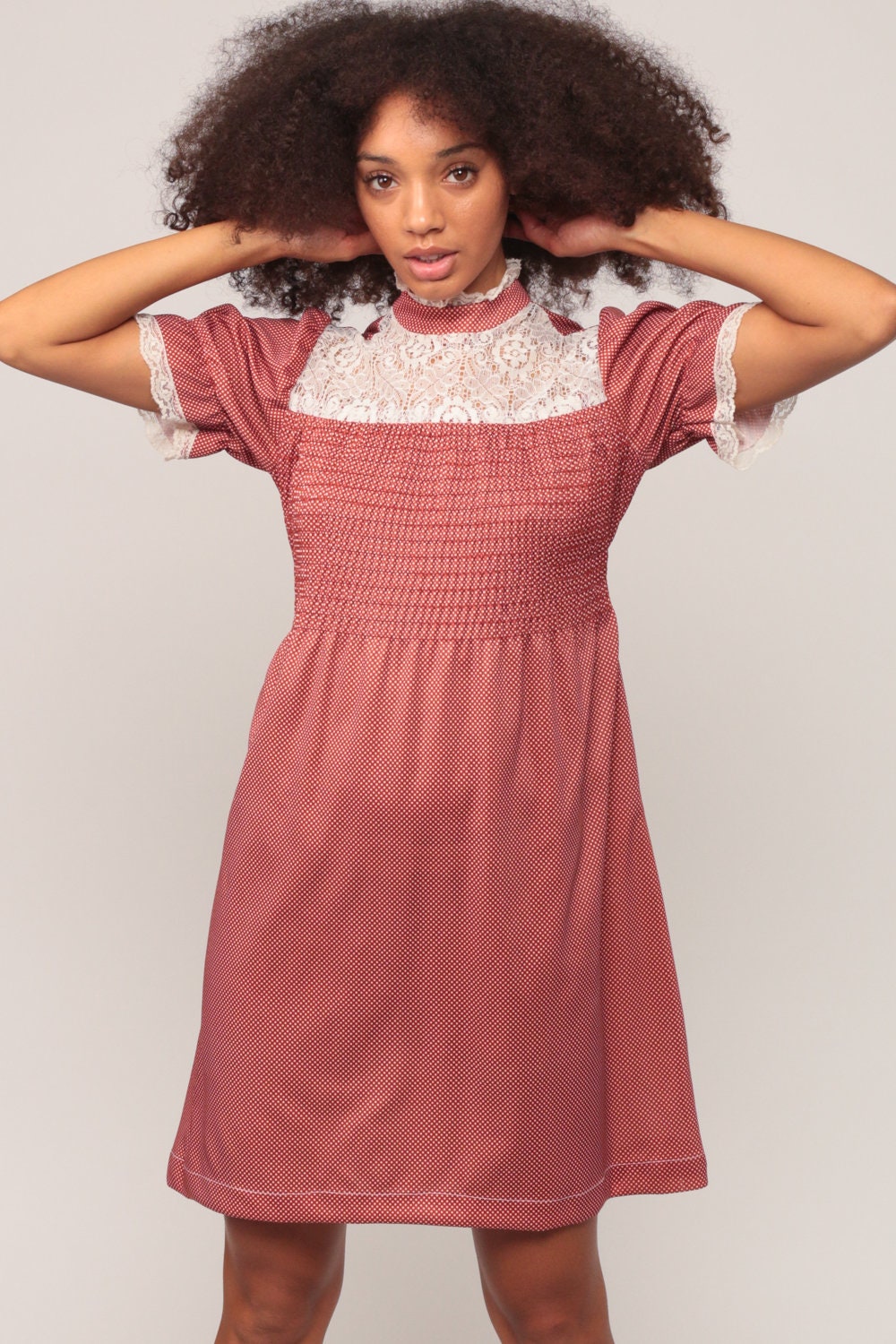 70s Rust Polka Dot Babydoll Mini Dress Puff Sleeve Lace Bib Small Medium