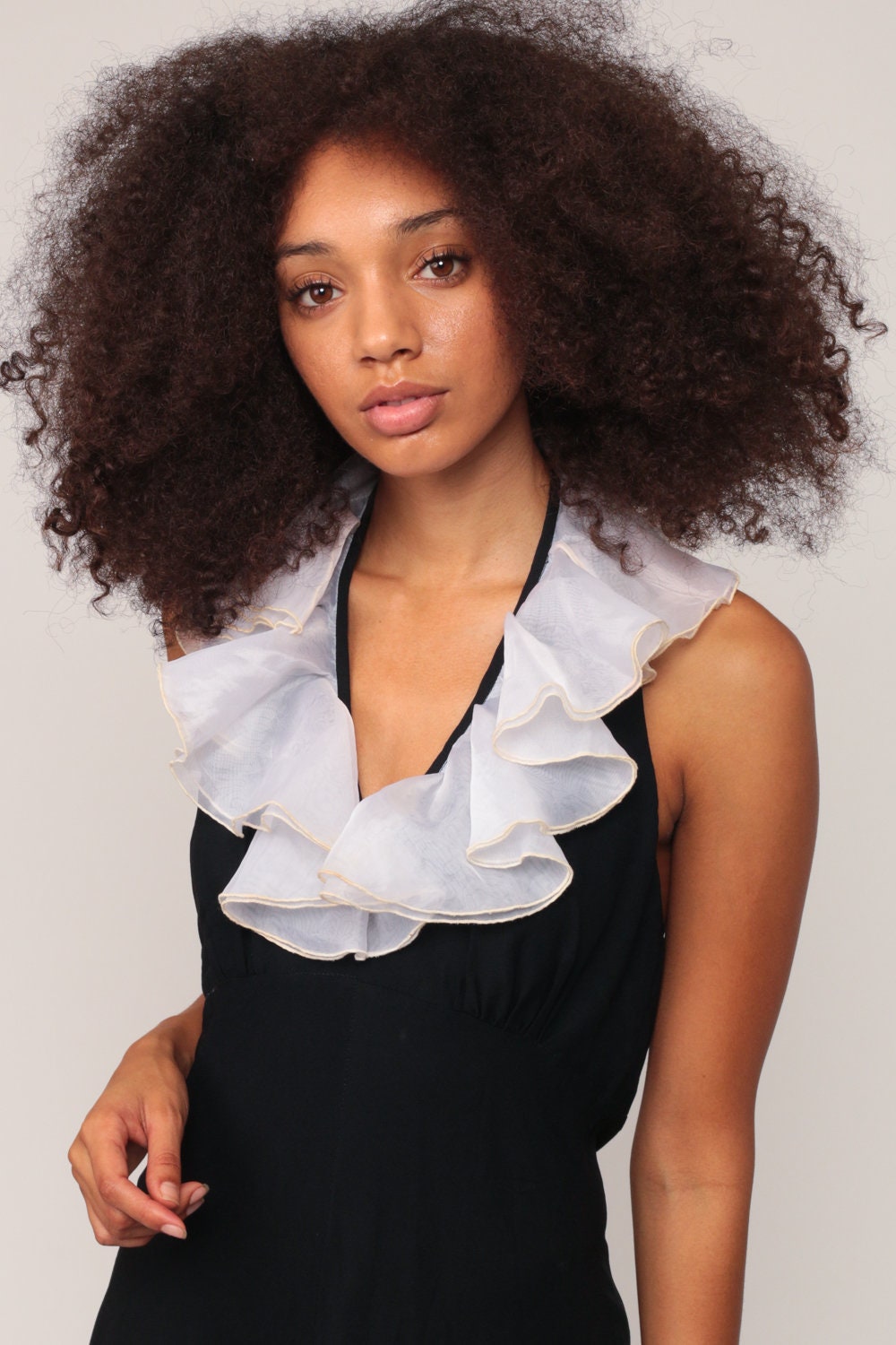 70s Black Maxi Dress Halter Neck White Ruffle Deep V Empire Waist Medium