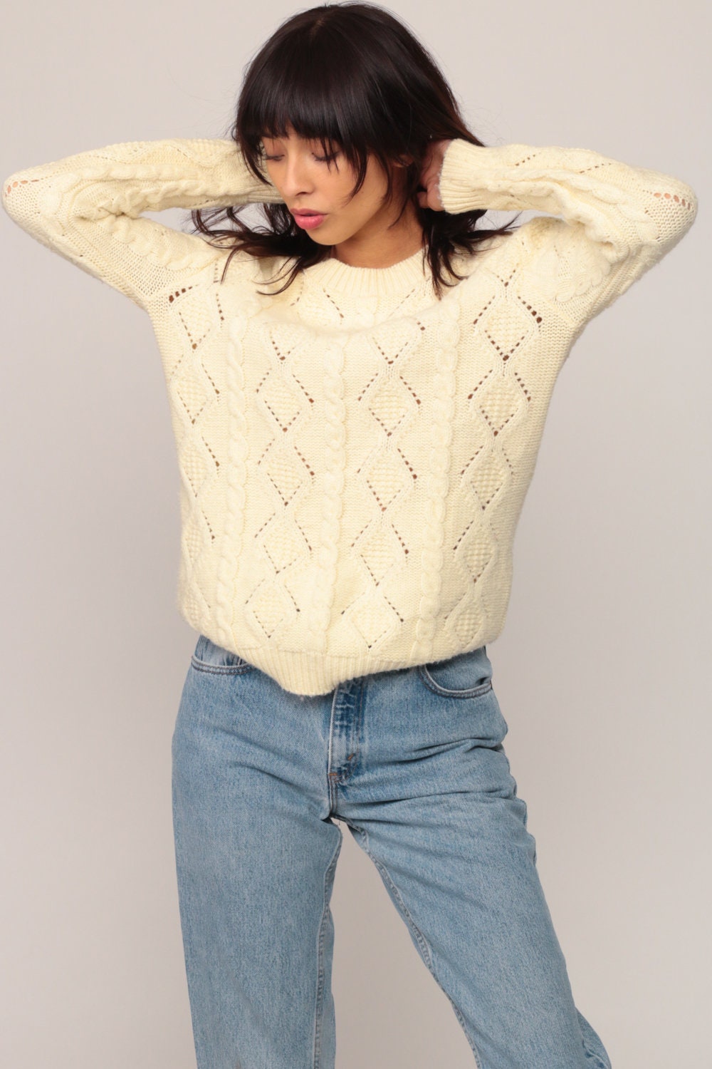 80s Wool Cable Knit Sweater Cream Fisherman Pullover Diamond Cutout Large