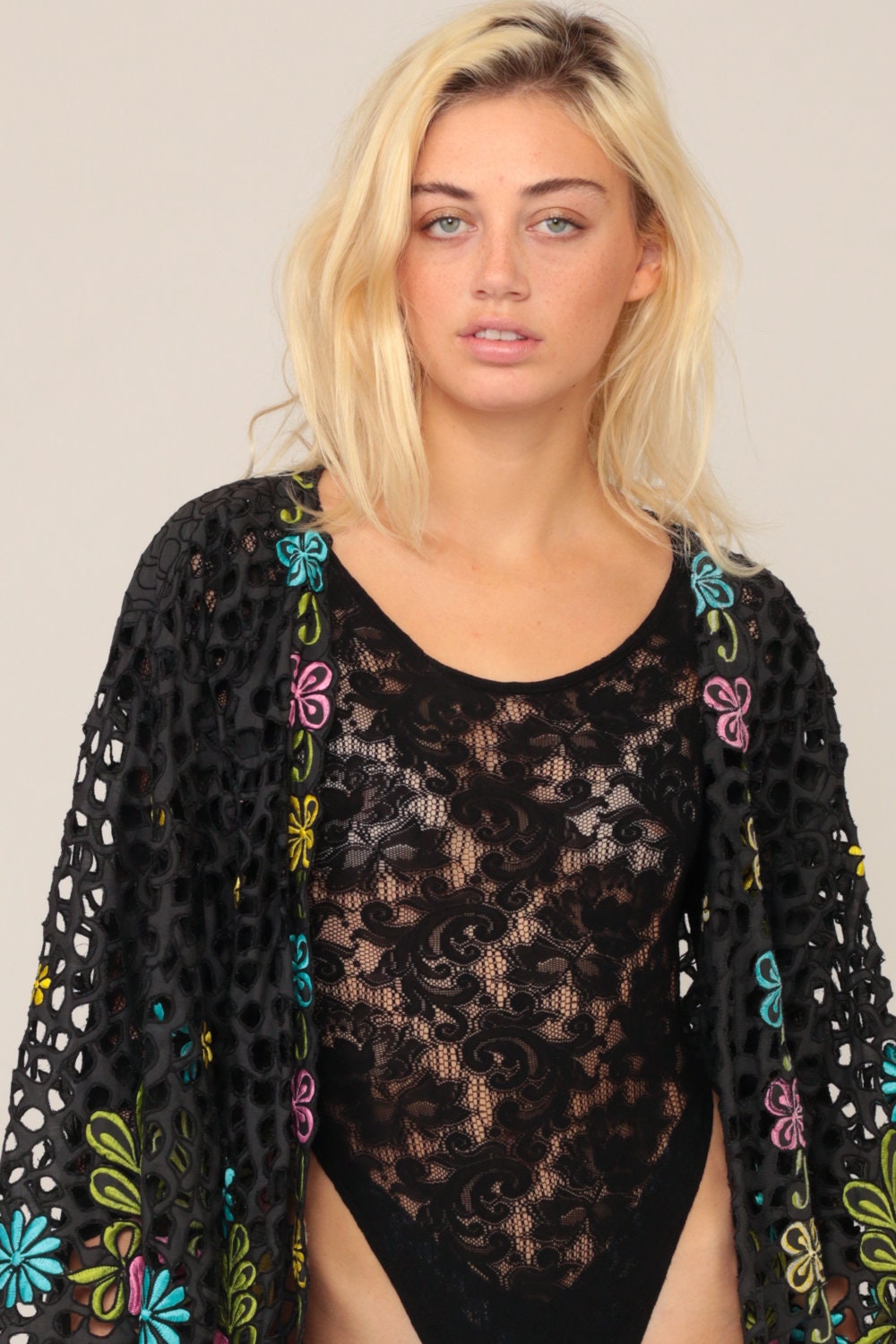 90s Black Floral Embroidered Cutwork Kimono Jacket One Size