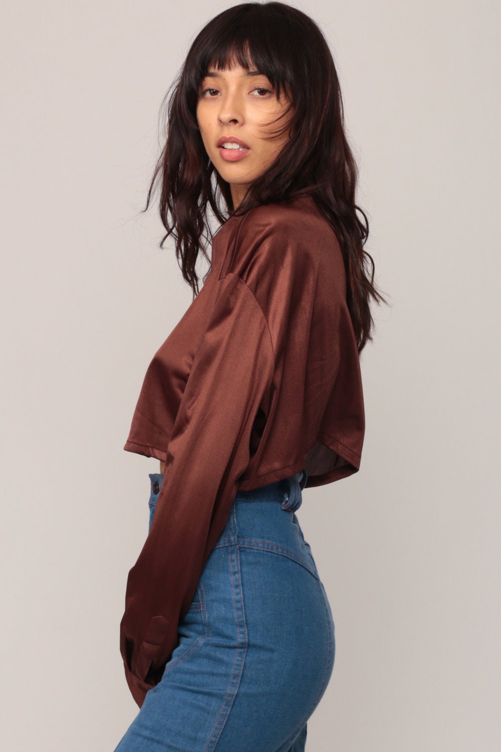 70s Brown Silky Crop Top Long Sleeve Button Up Shirt Large