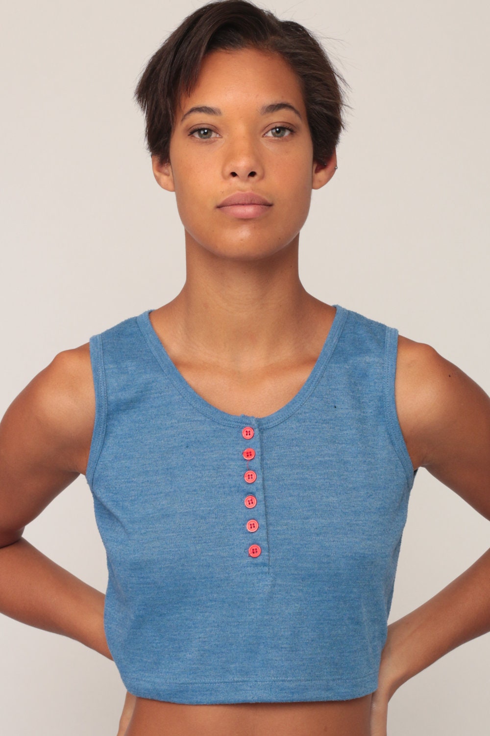 80s Blue Sleeveless Crop Top Button Tank Extra Small XS