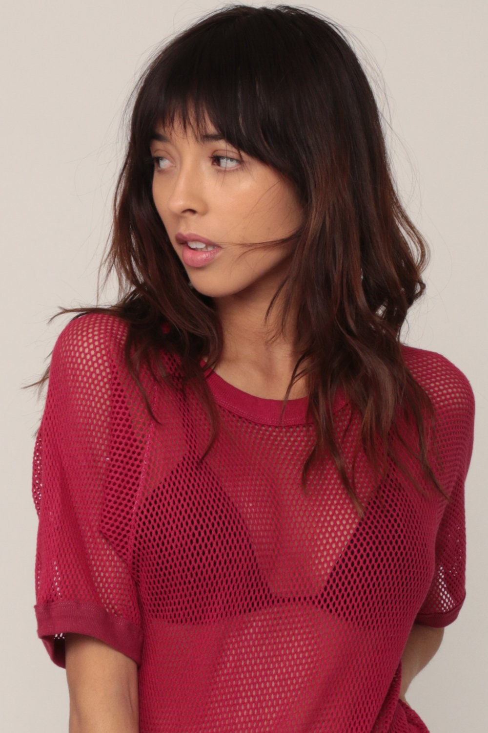 80s Burgundy Mesh Raglan Jersey Shirt Sheer Cotton Tee Medium Large