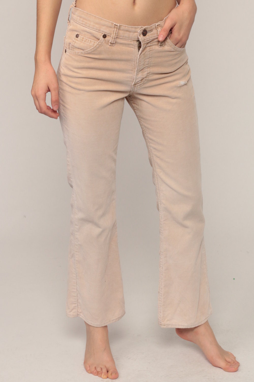 70s Plain Pockets Corduroy Bell Bottom Trousers Tan High Waist Small