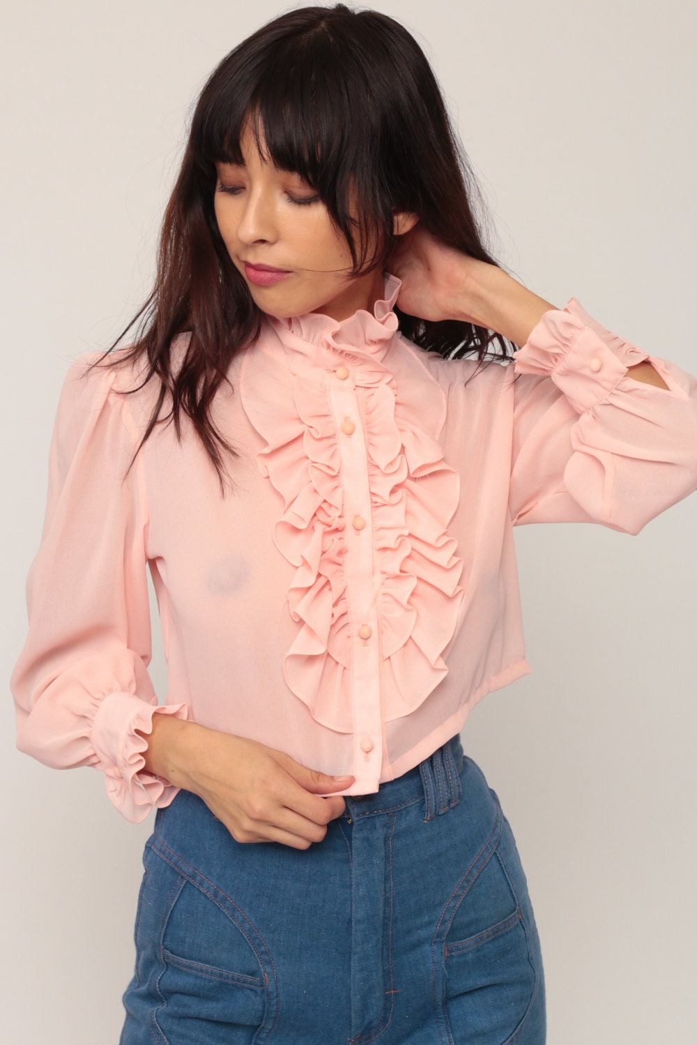 70s Baby Pink Tuxedo Blouse Crop Top Ruffle Sheer Long Sleeve Small