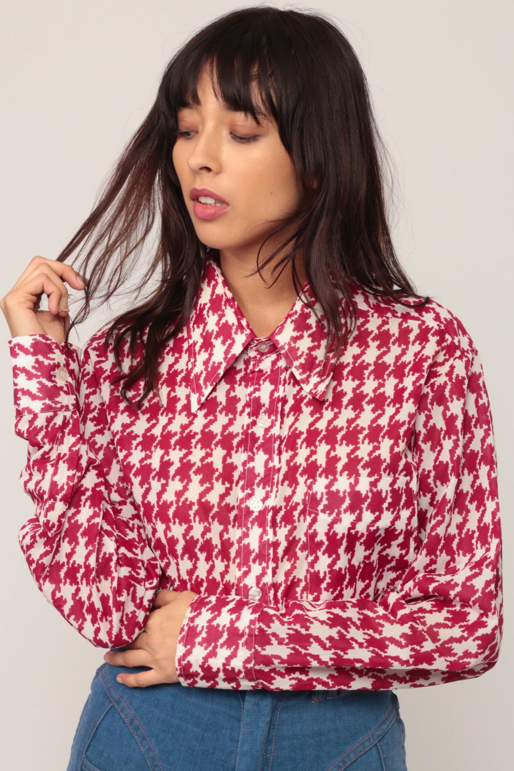 70s Houndstooth Crop Top Red Plaid Button-Up Long Sleeve Blouse Large