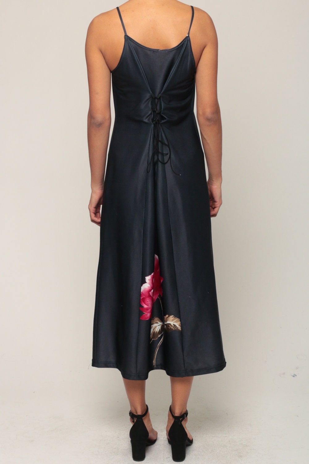 90s Black Floral Midi Dress Lace-Up Corset Back Spaghetti Strap Small
