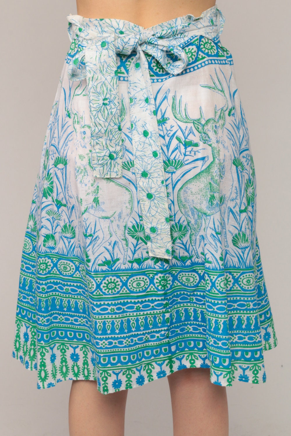 70s Deer Print Wrap Skirt Midi Cotton High Waist Blue Small-Large