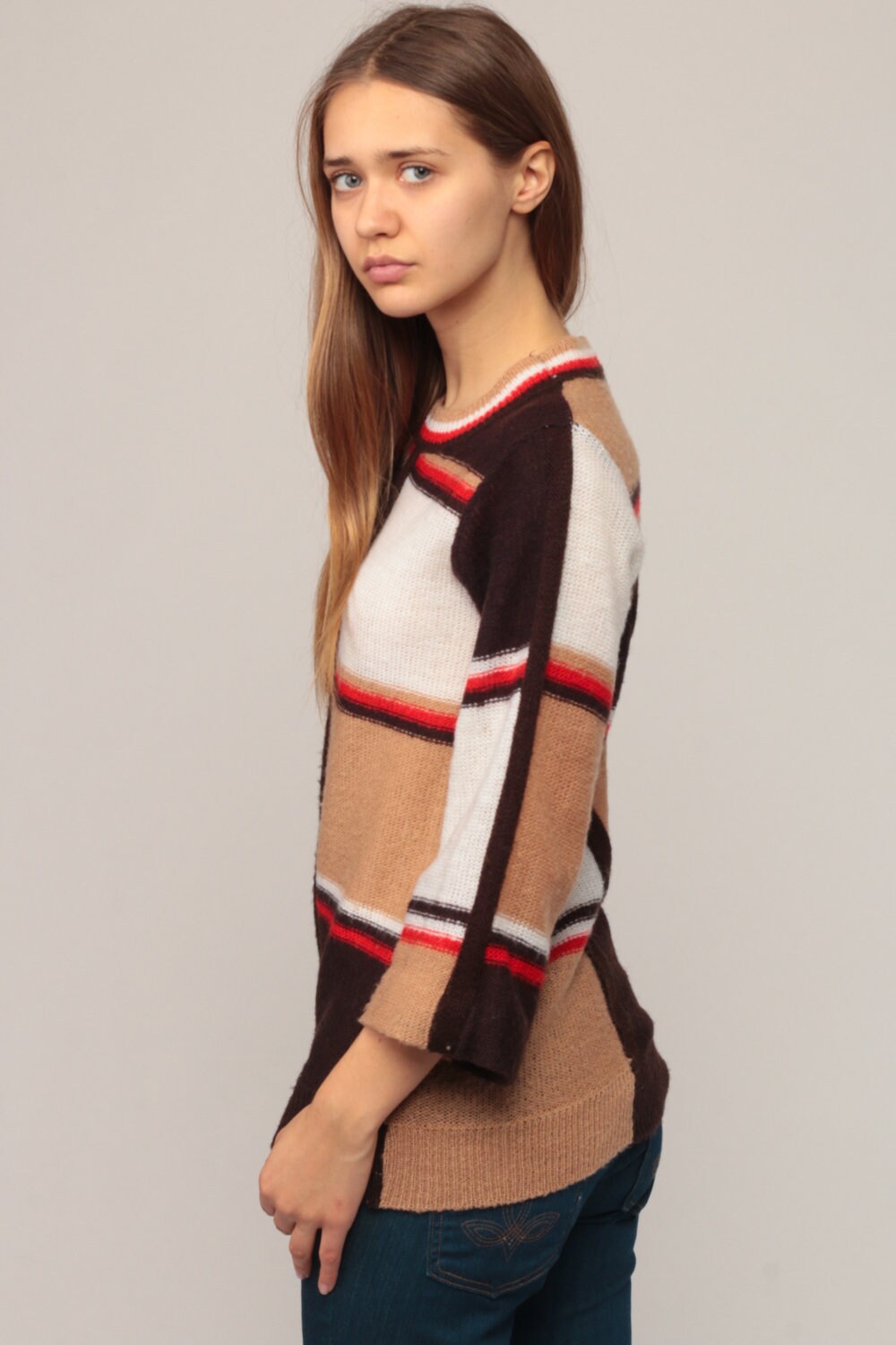 70s Colour Block Knit Sweater Bell Sleeve Tan Brown Pullover Small
