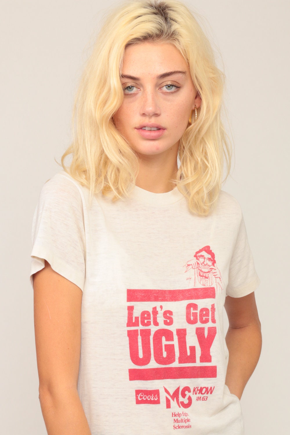 80s Let's Get Ugly Slogan Burnout T-Shirt Unisex Small