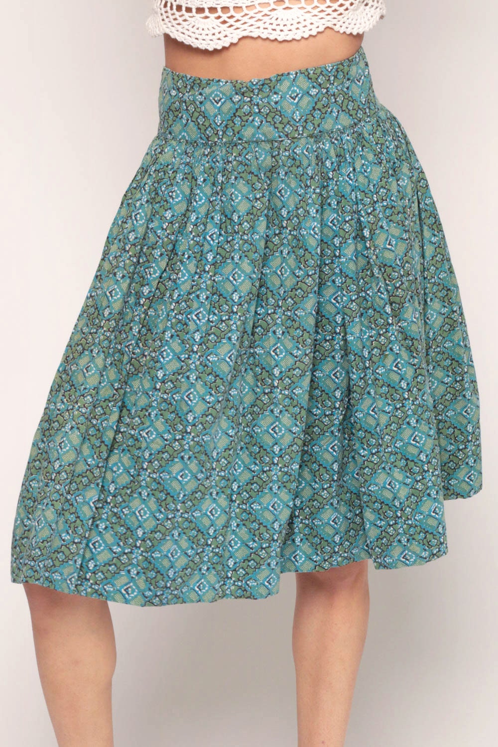 60s Circle Skirt High Waist Knee Length Green Blue Cotton Small