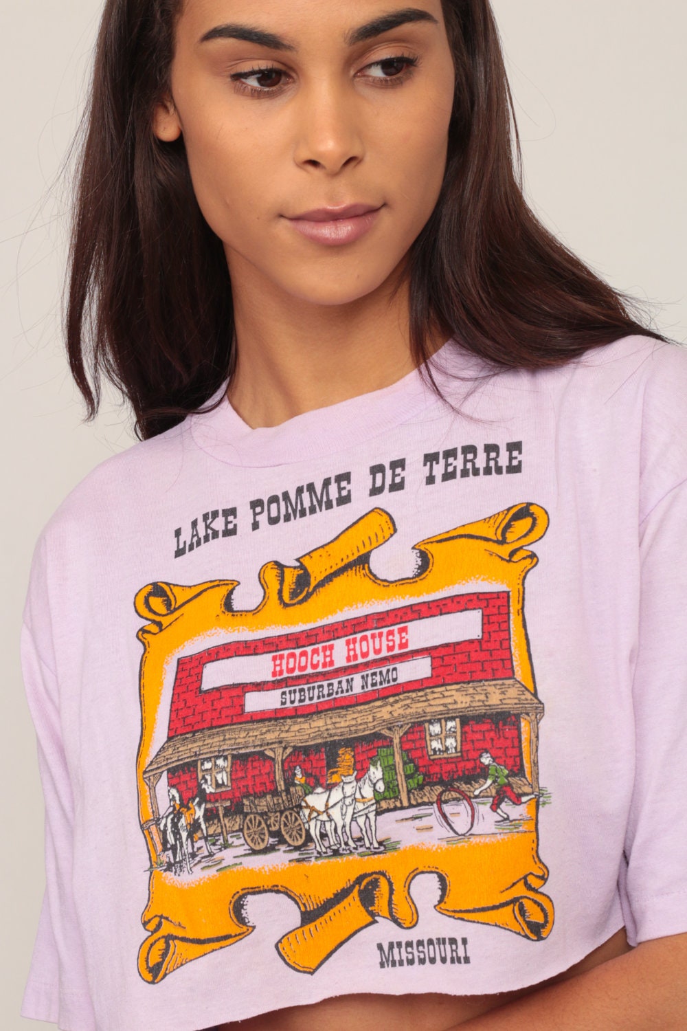 80s Lake Pomme de Terre Missouri Graphic T-Shirt Purple Crop Small