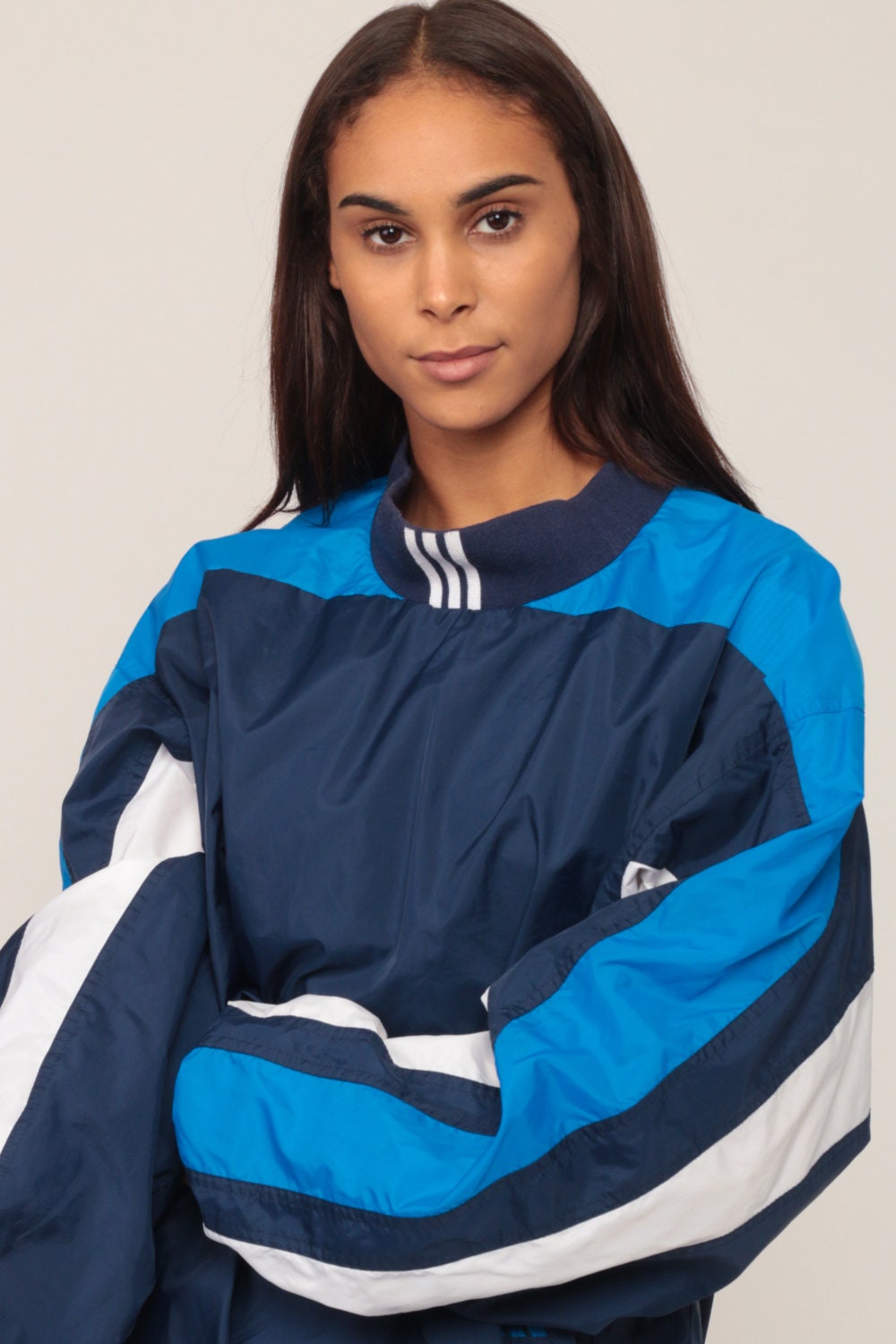90s Adidas Pullover Windbreaker Dark Blue Stripe Jacket Large