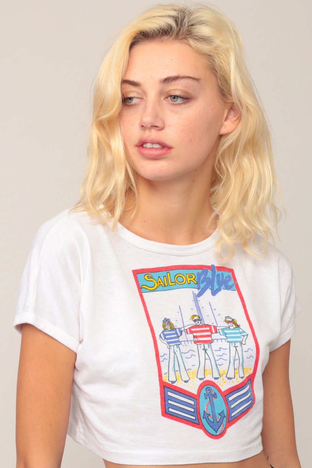 90s Sailor Blue Nautical Graphic Crop Top Cap Sleeve Small