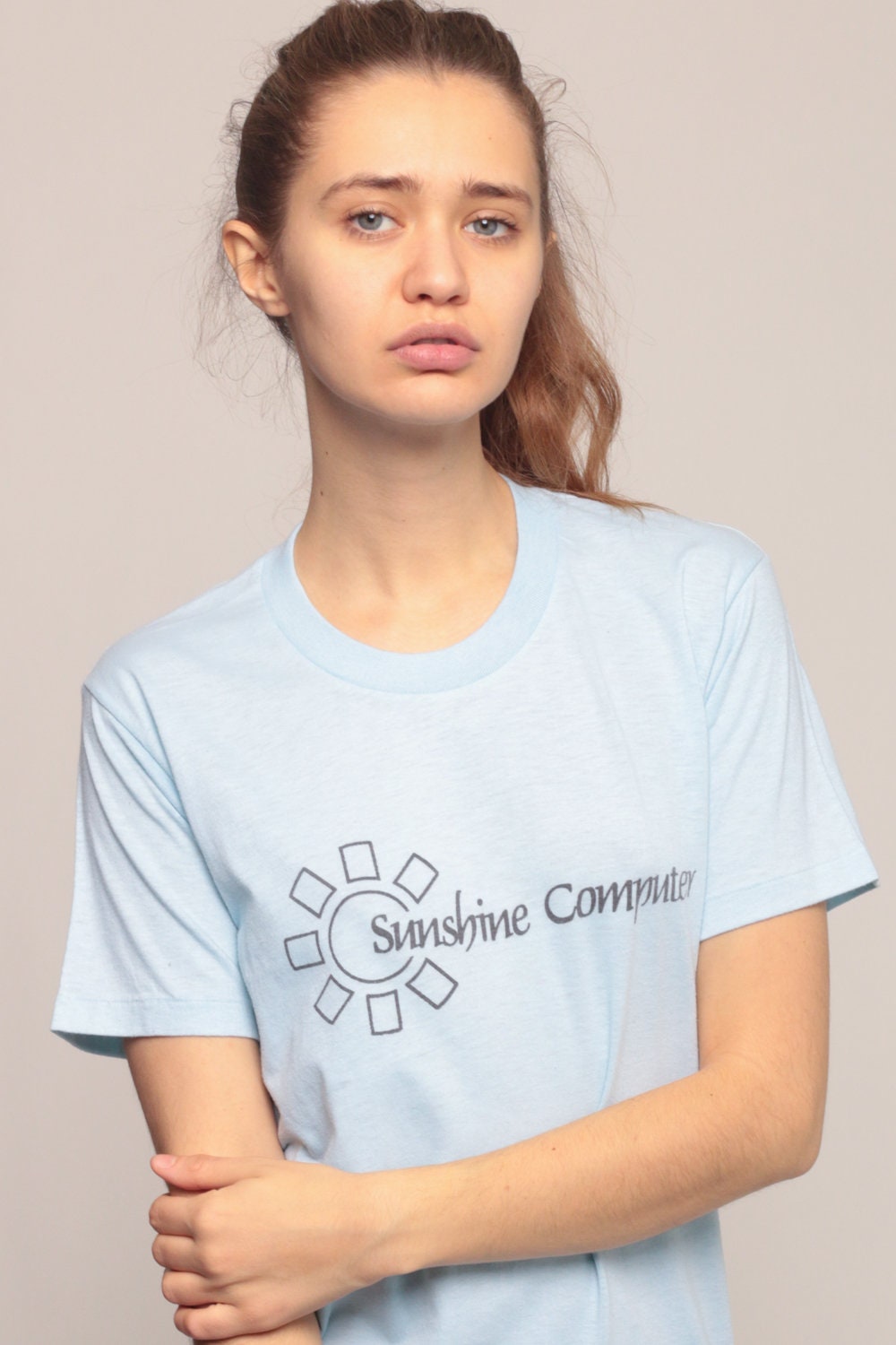 80s Sunshine Computer Graphic T-Shirt Baby Blue Burnout Tee Extra Small