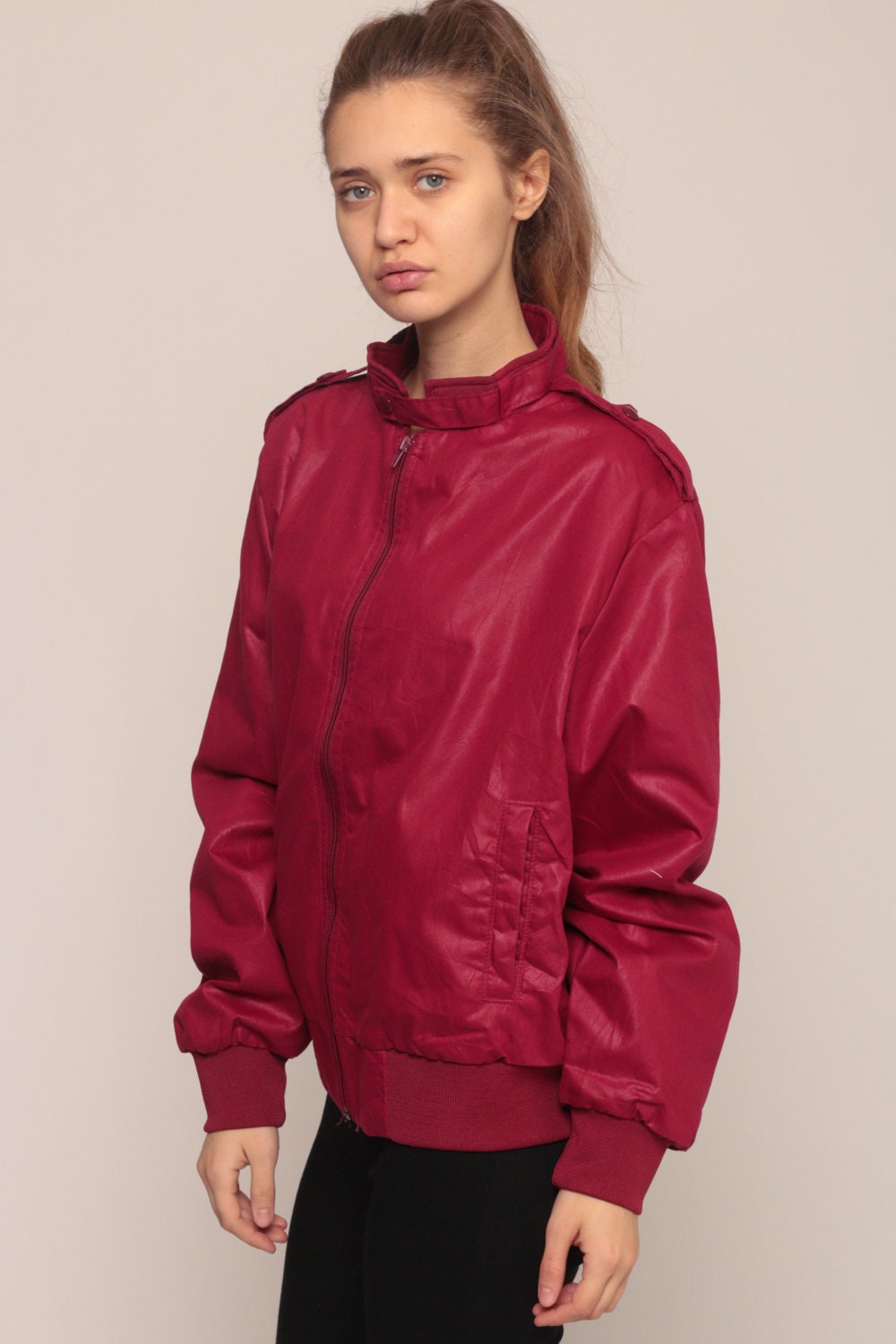 80s Burgundy Bomber Jacket Cafe Racer Windbreaker Unisex Medium Large