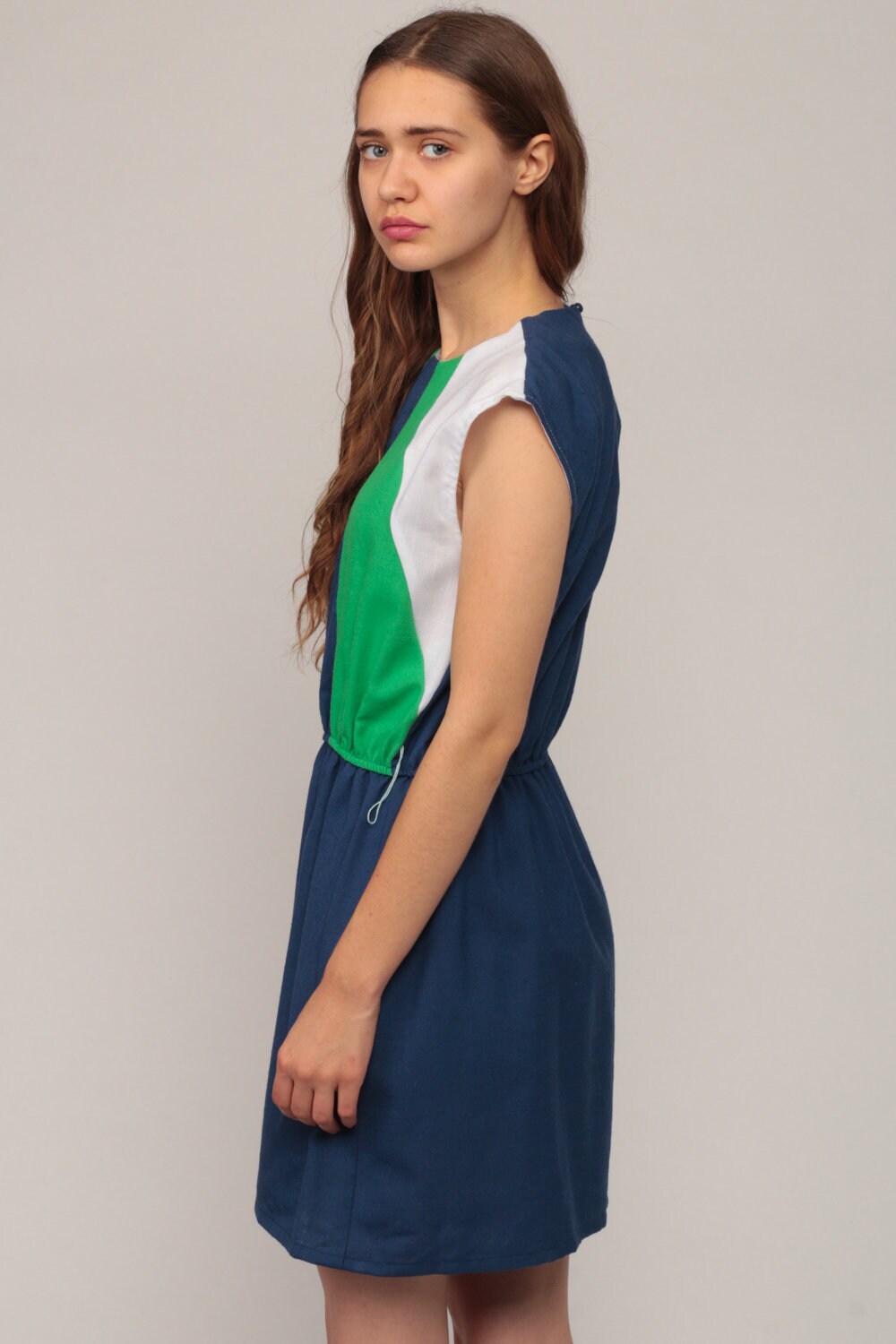 70s Striped Mini Dress Navy Blue Green White Cap Sleeve High Waist Large