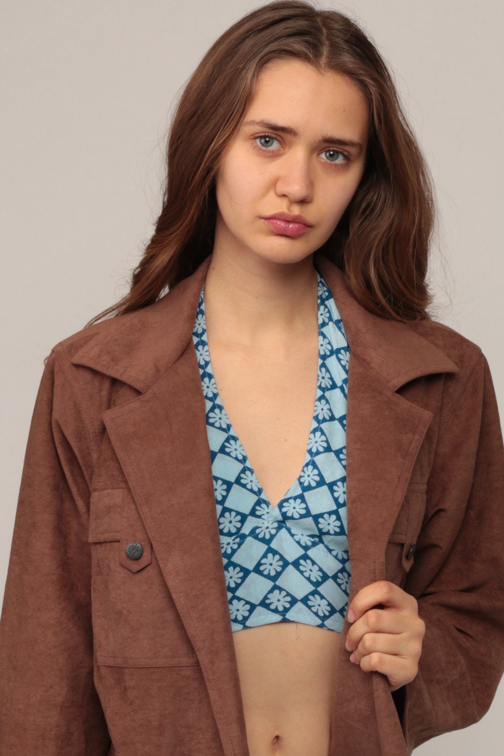 70s Brown Fuzzy Polyester Wrap Jacket Belted Crewneck Large