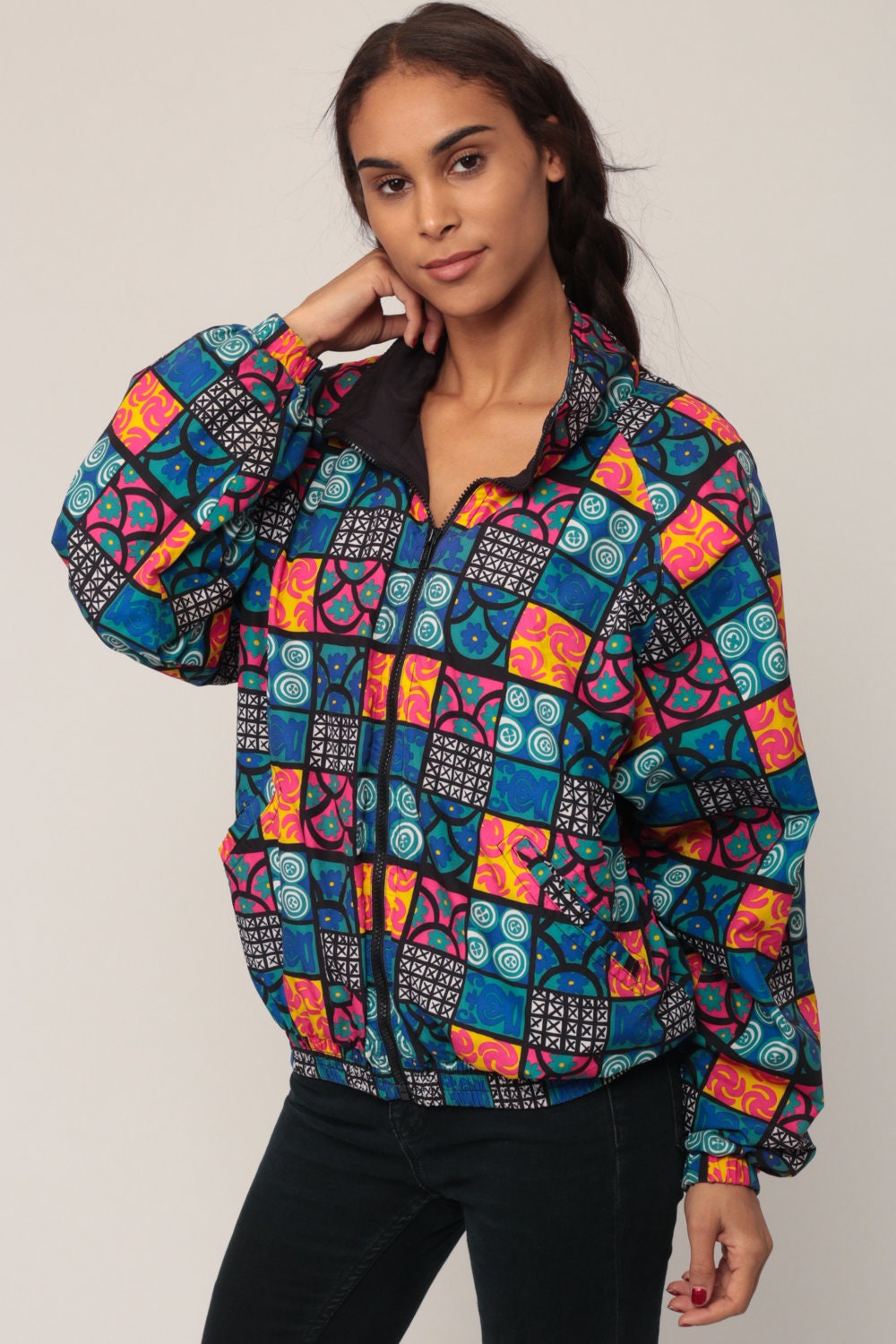 90s Geometric Floral Windbreaker Jacket Blue Pink XXL