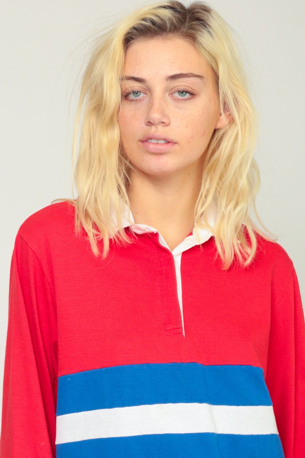 80s Polo Striped Sweatshirt Red White Blue Button Chest Extra Large