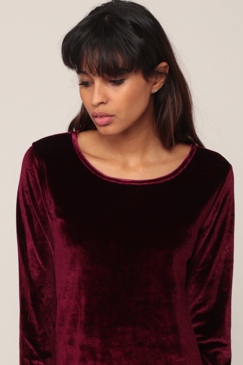 90s Burgundy Velvet Mini Dress Long Sleeve A-Line Small