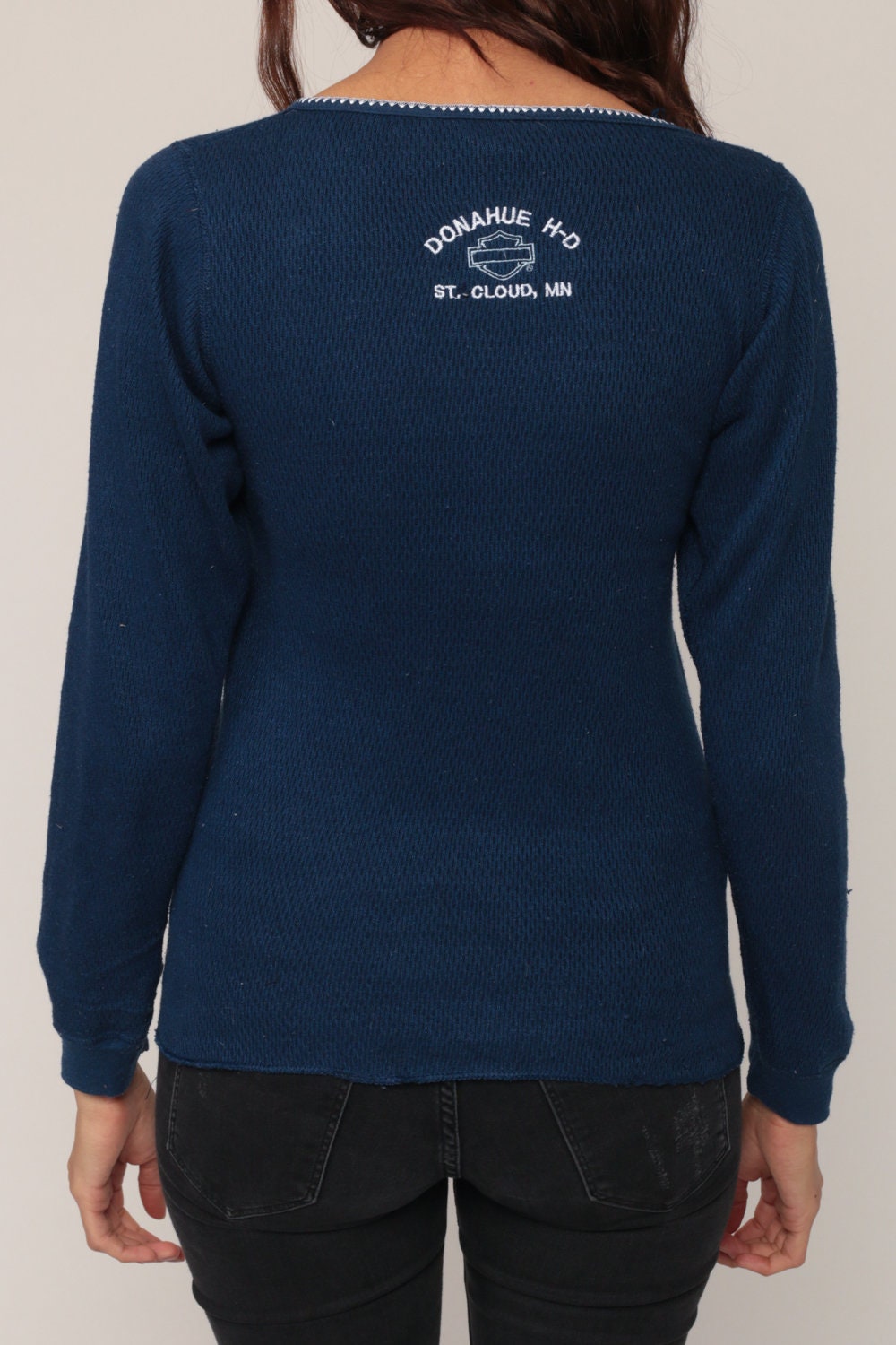 90s Harley Davidson Thermal Waffle Knit Long Sleeve Embroidered Blue Small