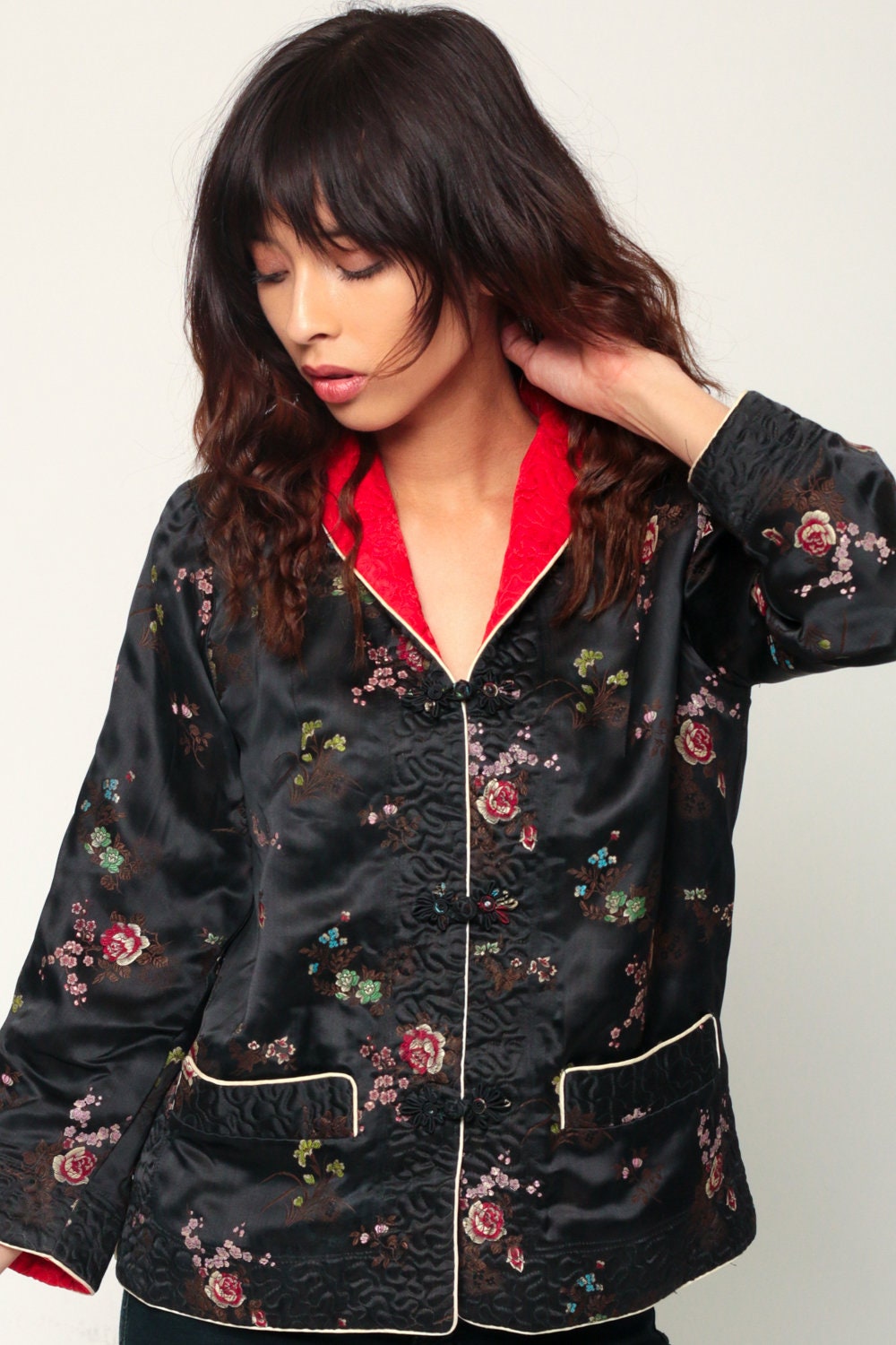 90s Chinese Reversible Satin Jacket Black Red Embroidered Mandarin Collar Small