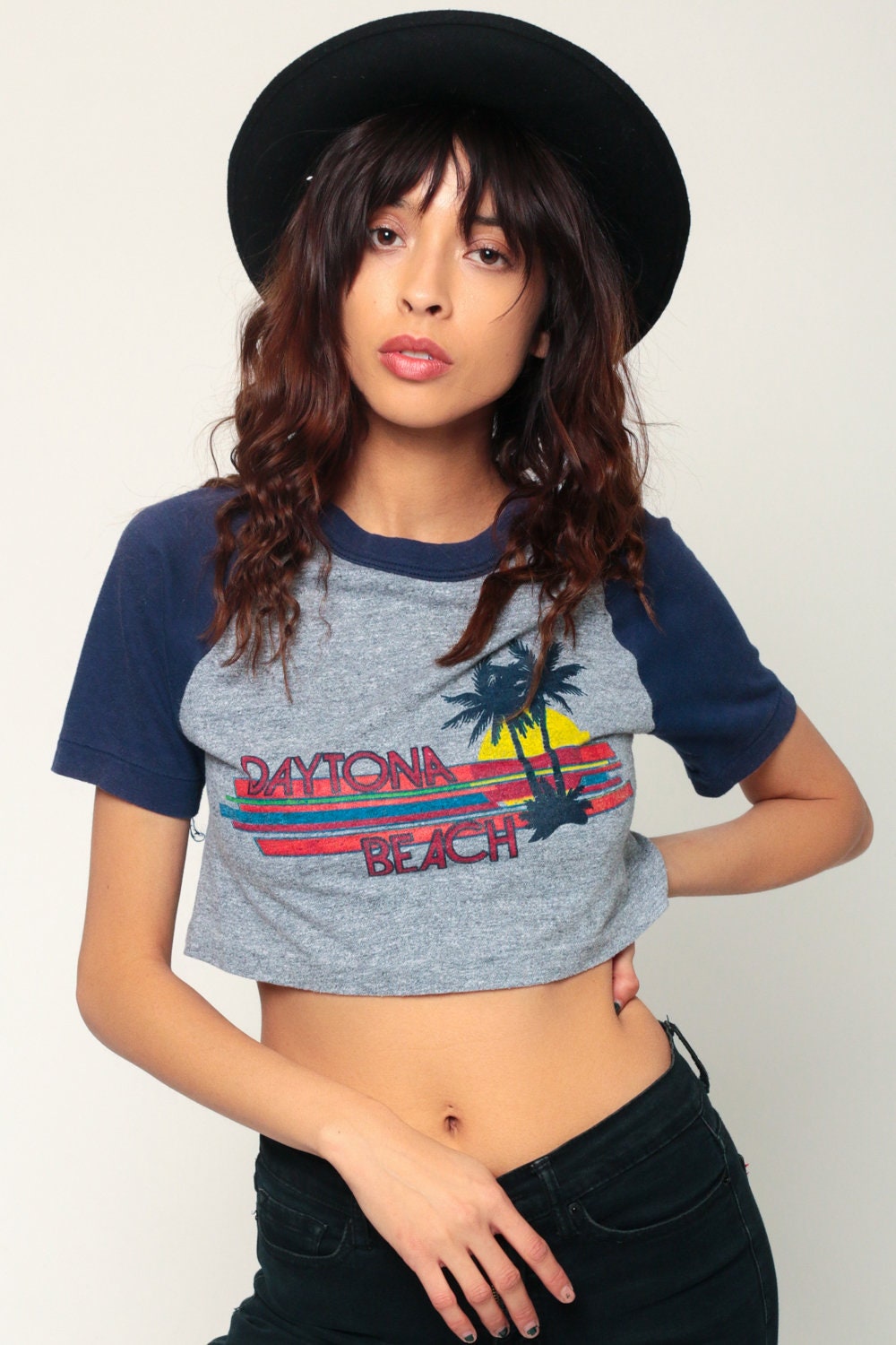 90s Daytona Beach Ringer Tee Crop Top Raglan Sleeve Grey Small