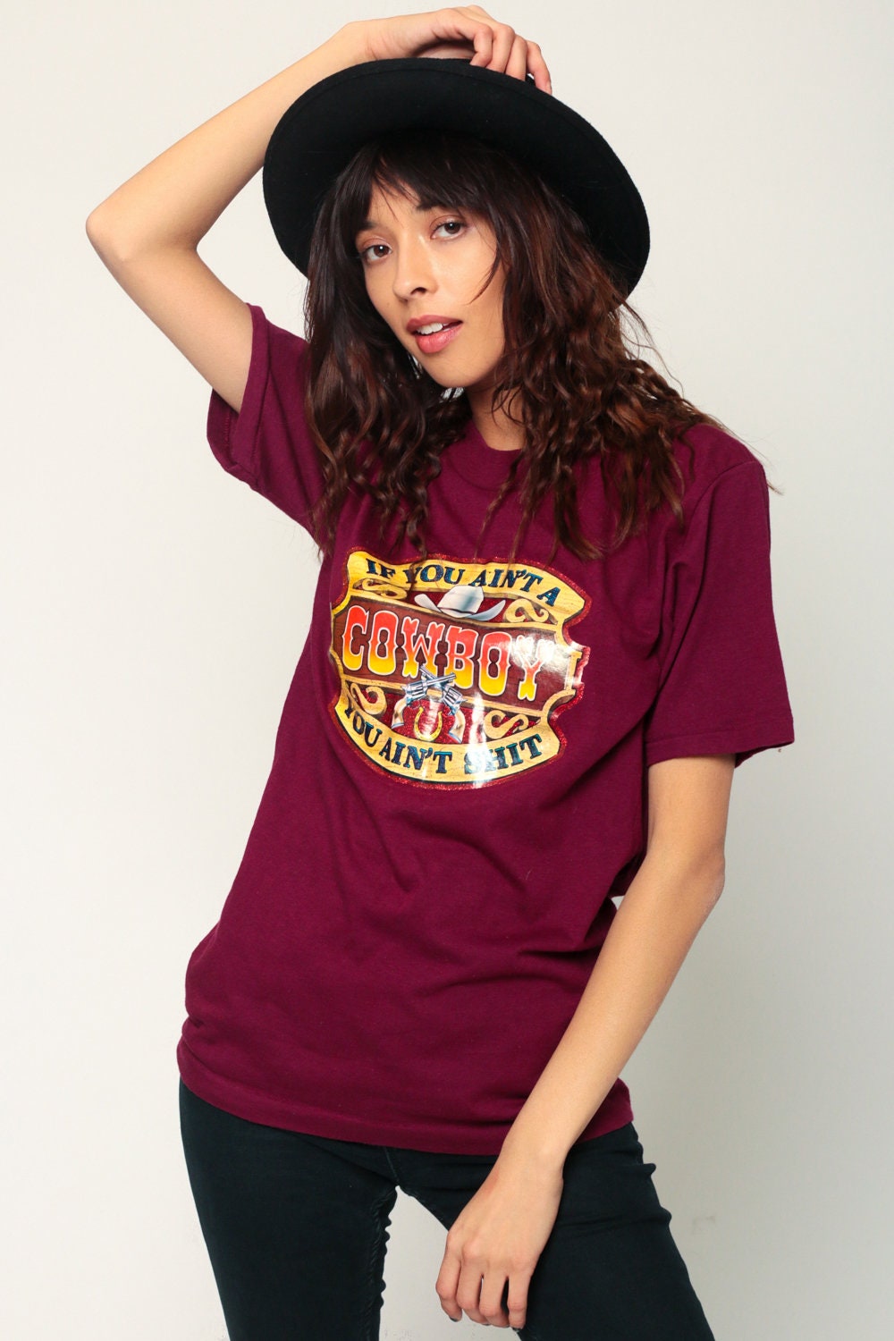 80s Cowboy Graphic T-Shirt Iron On Burgundy Unisex Large