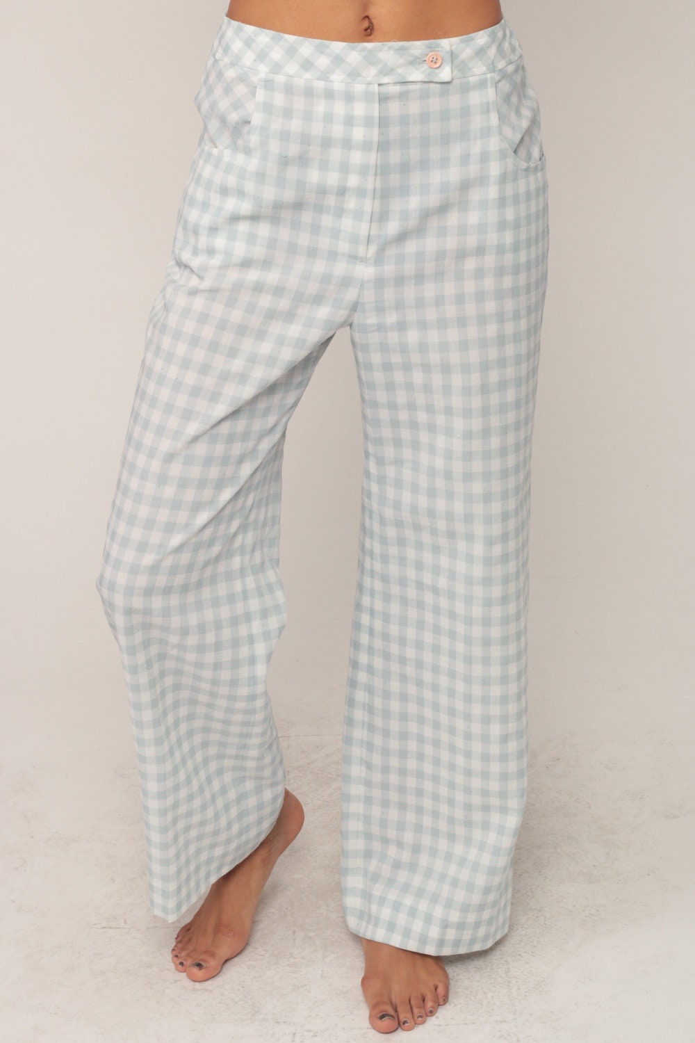 70s Green White Gingham Wide Leg Trousers High Waist Plaid Small