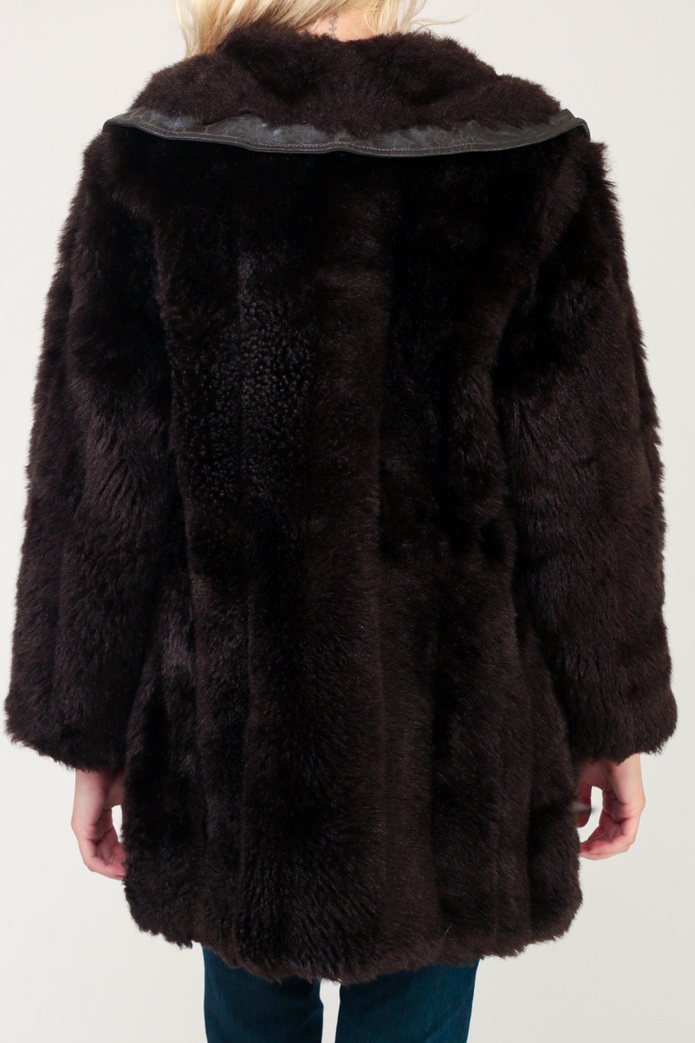 70s Faux Fur Jacket Brown Leather Trim Distressed Medium