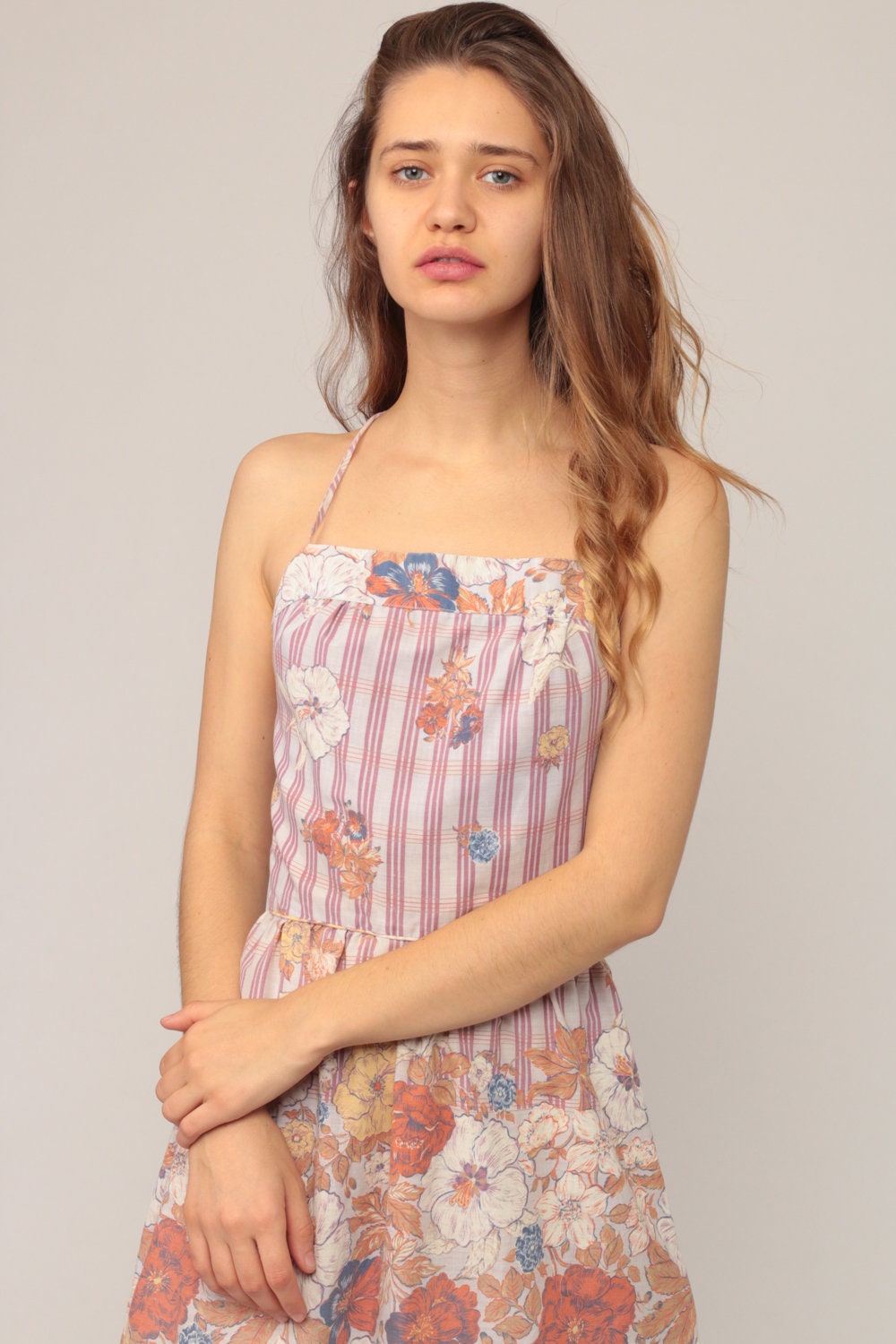 70s Floral Midi Sundress Criss Cross Open Back High Waist Cotton Extra Small