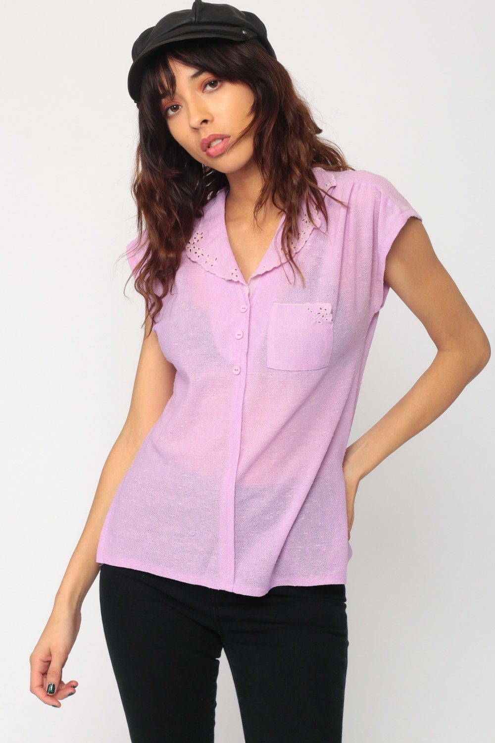 70s Lavender Button-Up Blouse Cap Sleeve Floral Eyelet Cutout Small Medium
