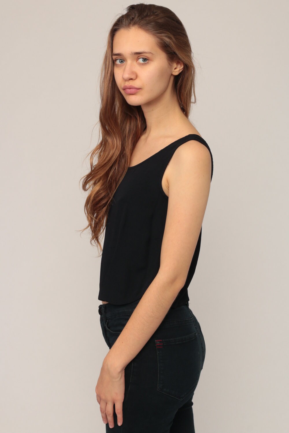 90s Black Rayon Tank Top Sleeveless Shirt Extra Small
