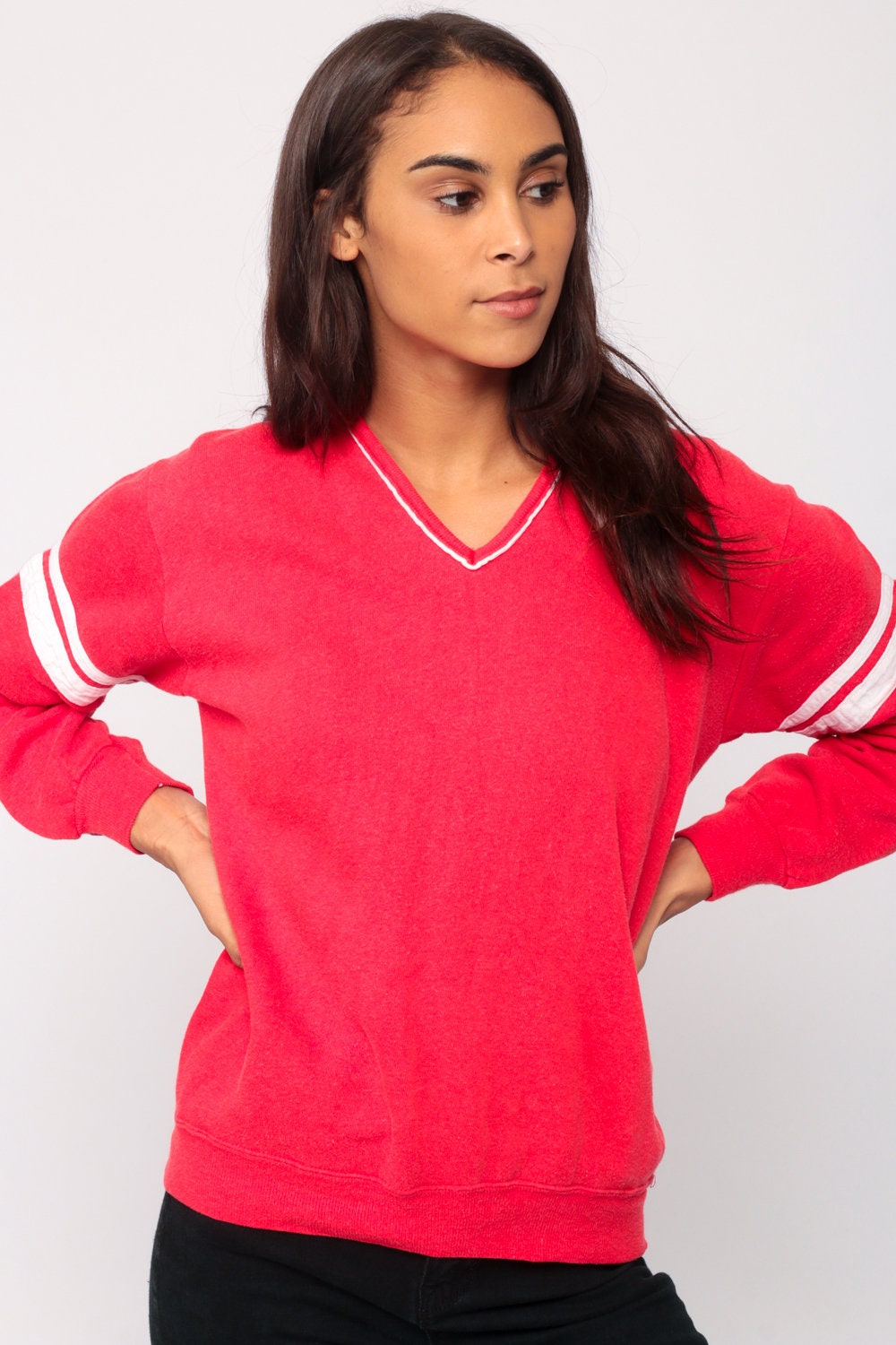 80s Red Striped V-Neck Sweatshirt Long Sleeve Pullover Small Medium