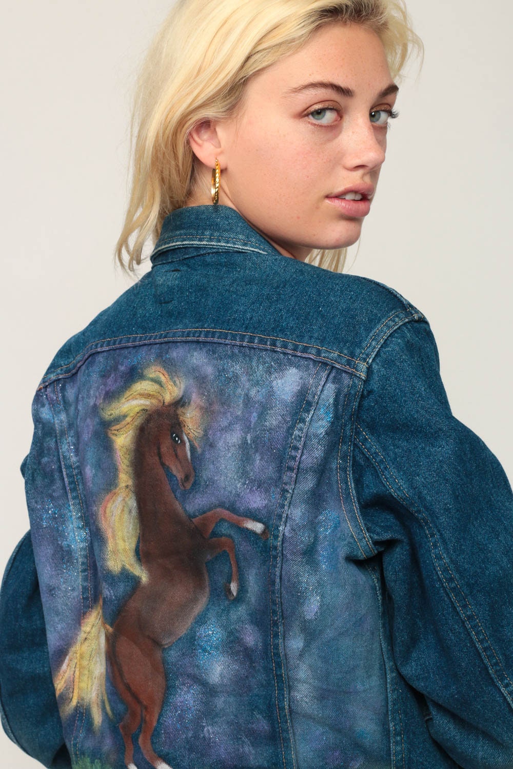80s Lee Denim Jacket Hand Painted Horse Blue Stone Wash Small