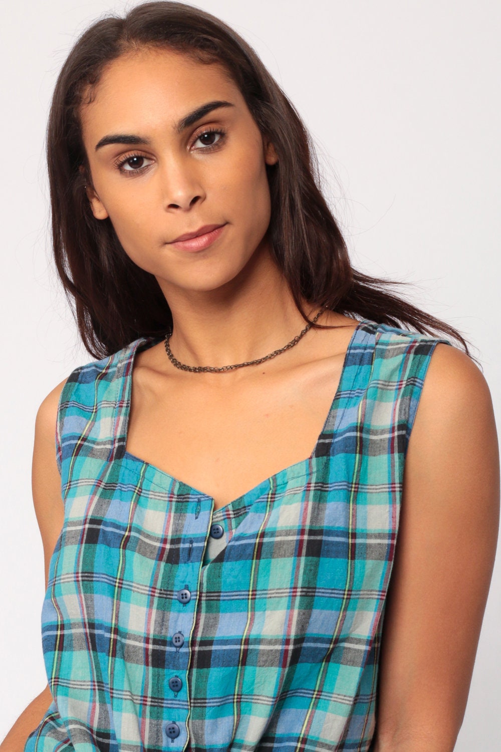90s Plaid Cotton Crop Top Sleeveless Button-Up Blouse Tie Waist Blue Medium Large