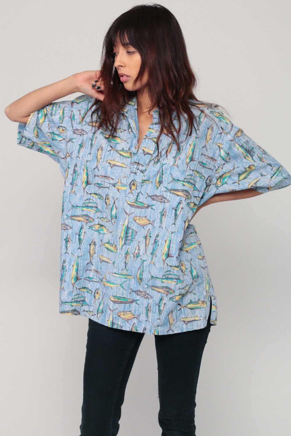 90s Fish Print Button Up Shirt Unisex Beach Novelty Blue Extra Large