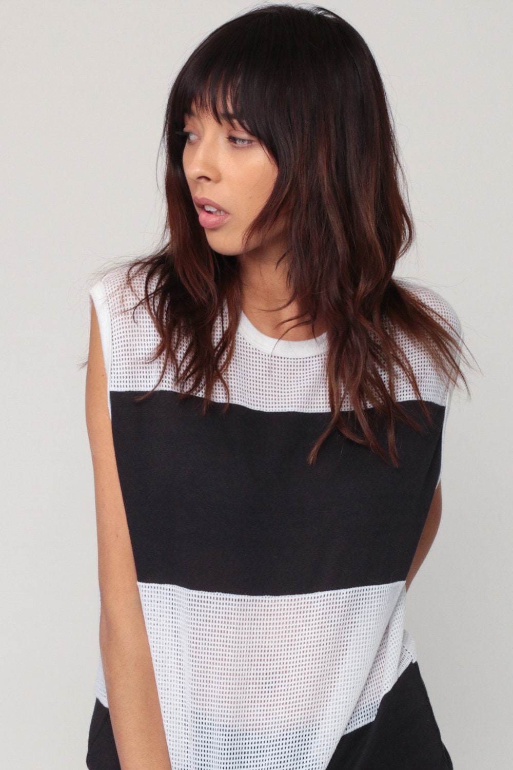 80s Mesh Tank Top Sheer Striped Black White Sleeveless Extra Large