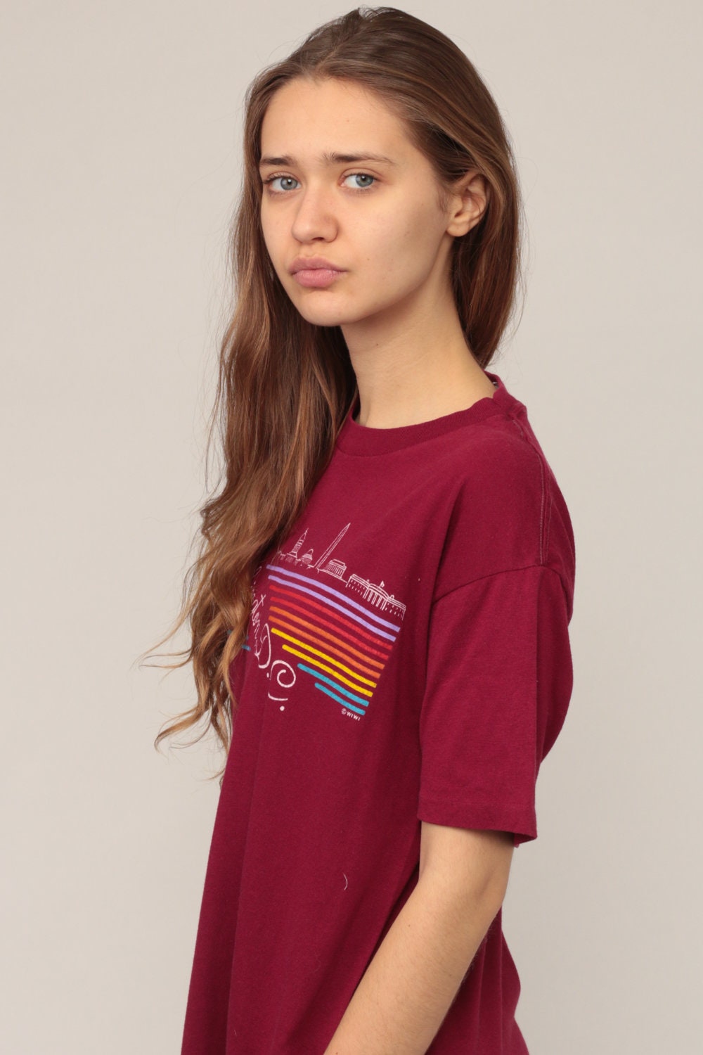 80s Washington DC Skyline Graphic T-Shirt Burgundy Rainbow Stripe Large